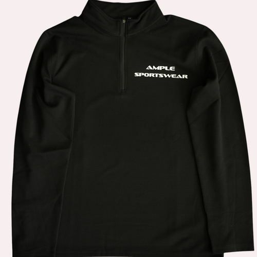 AMPLE black performance quarterzip pullover with white logo on chest, made from a polyester and spandex blend.