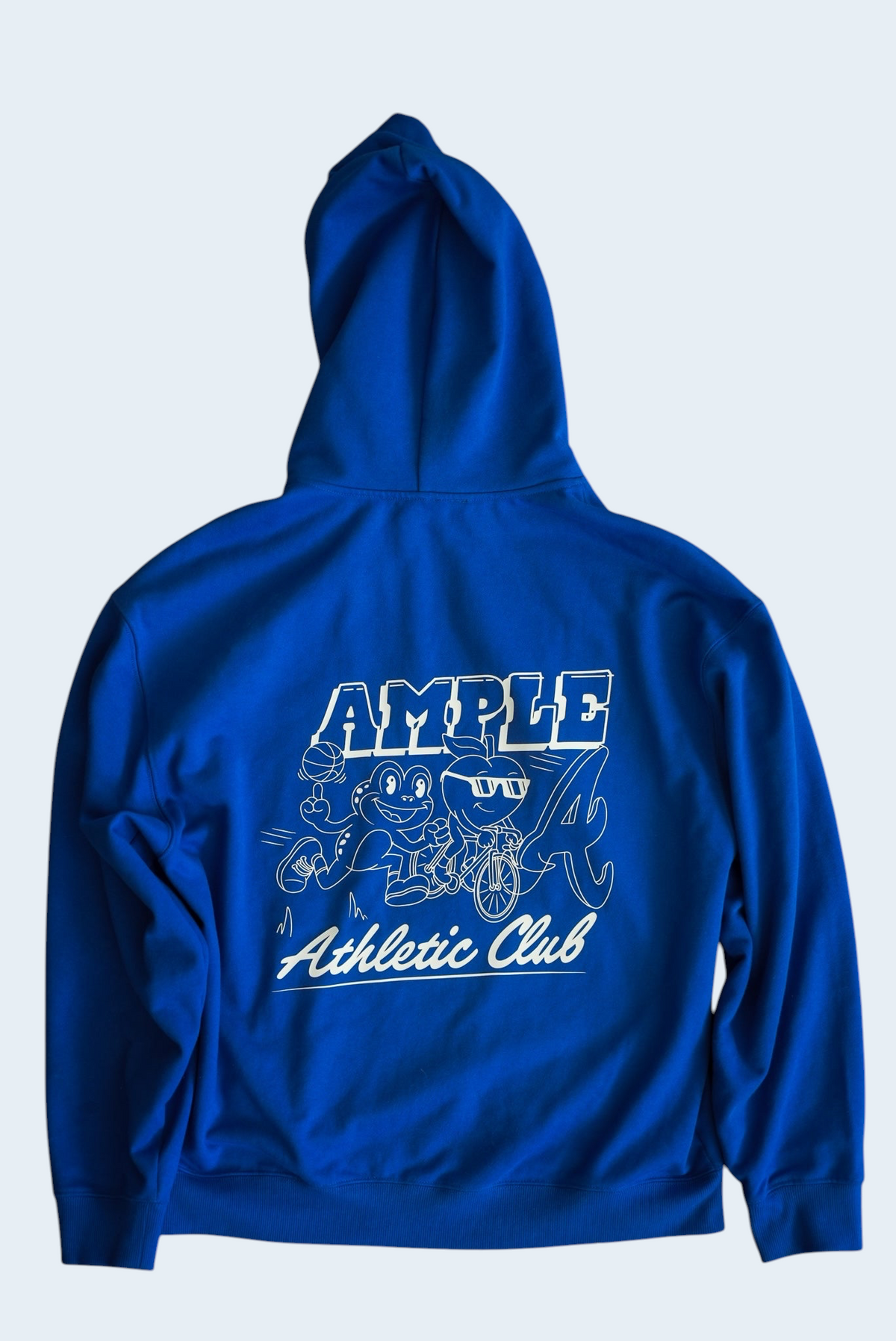 AMPLE blue French terry long sleeve hoodie with white graphic print on the back featuring a frog and athletic club