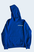 AMPLE blue French terry long sleeve hoodie with white logo embroidery on chest