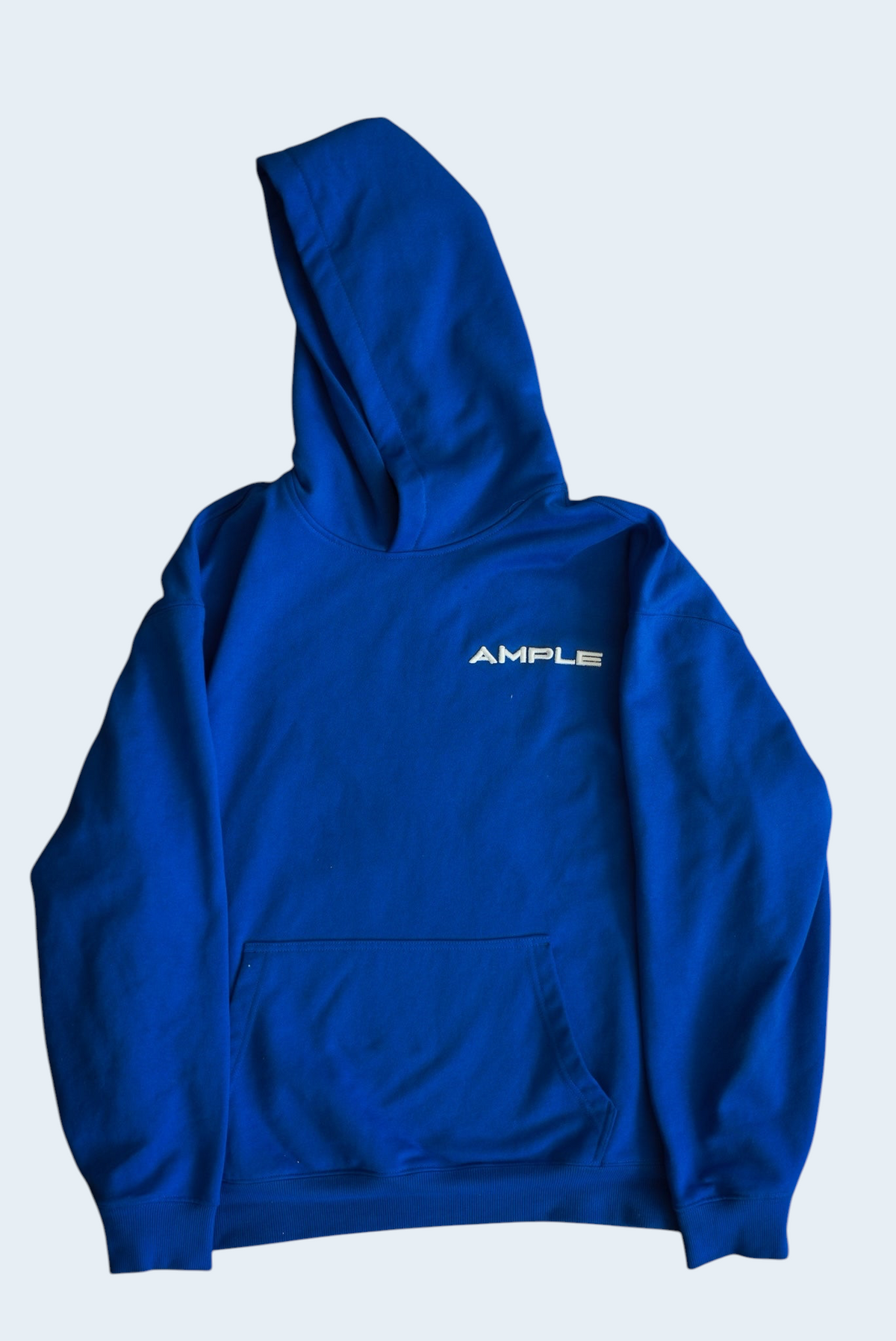 AMPLE blue French terry long sleeve hoodie with white logo embroidery on chest