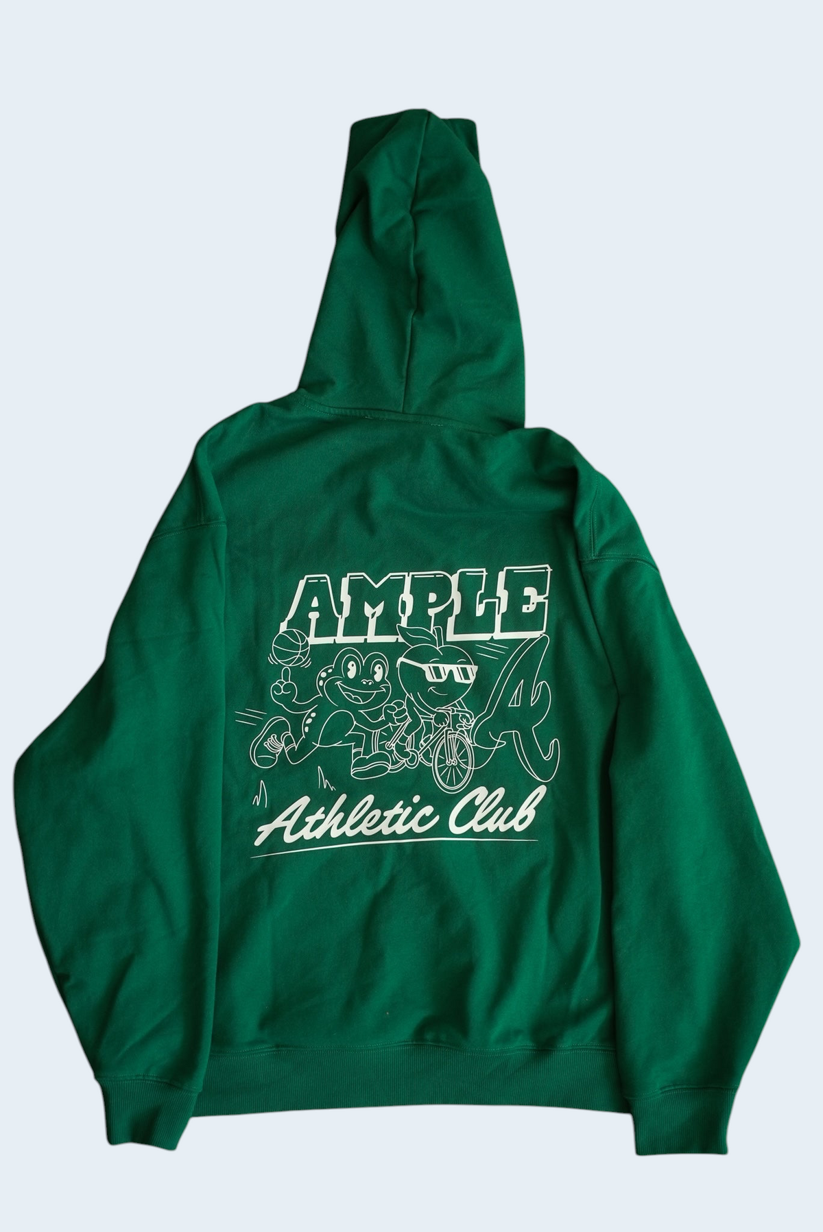 AMPLE green French terry long sleeve hoodie with white graphic print on the back featuring a cartoon athletic club
