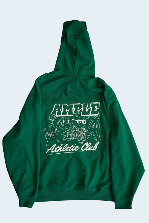 AMPLE green French terry long sleeve hoodie with white graphic print on the back featuring a cartoon athletic club