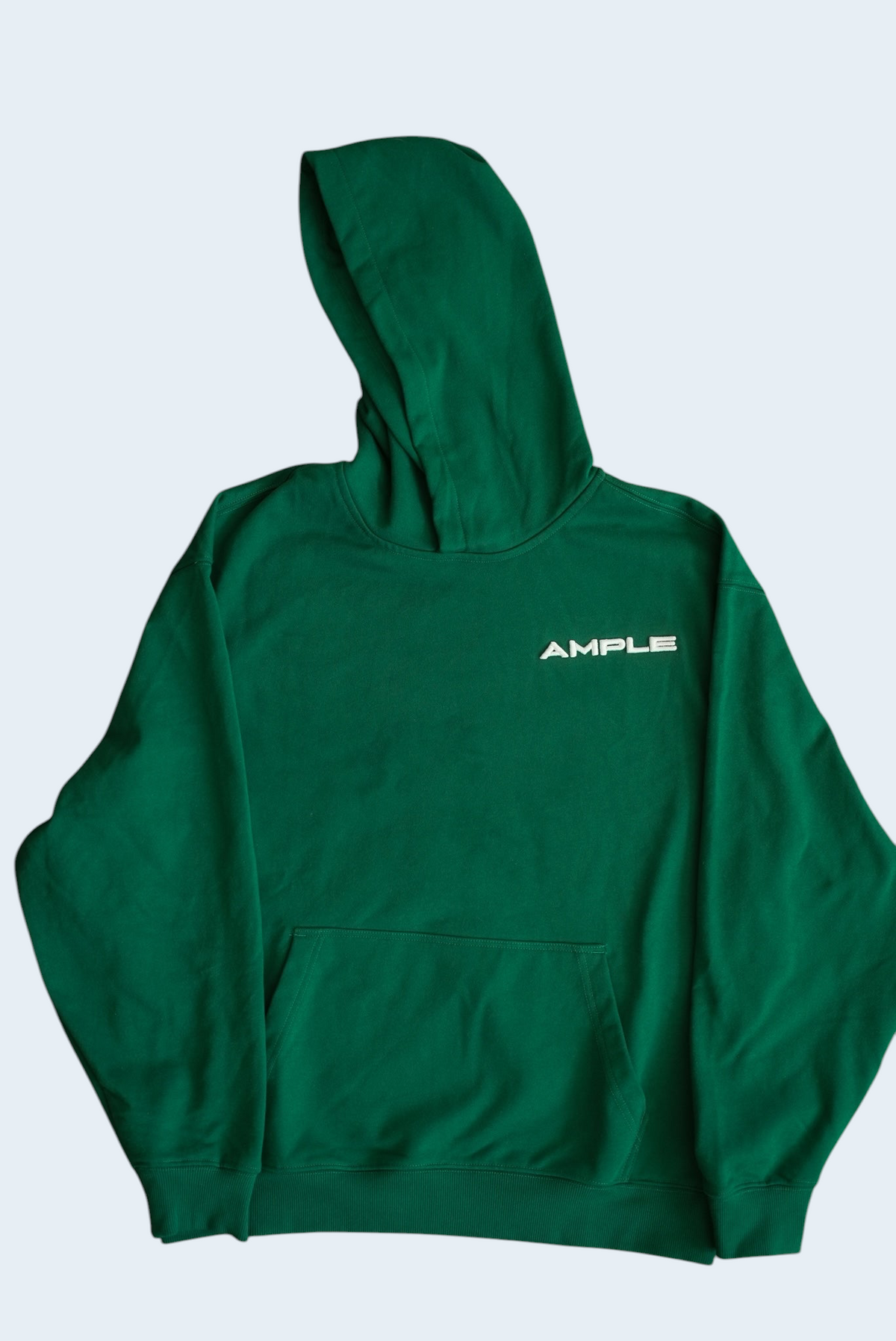 AMPLE unisex long sleeve hoodie in green French terry cotton with white logo embroidery and front kangaroo pocket