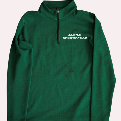 AMPLE unisex green performance quarterzip pullover made from a polyester spandex blend with a textured waffle knit