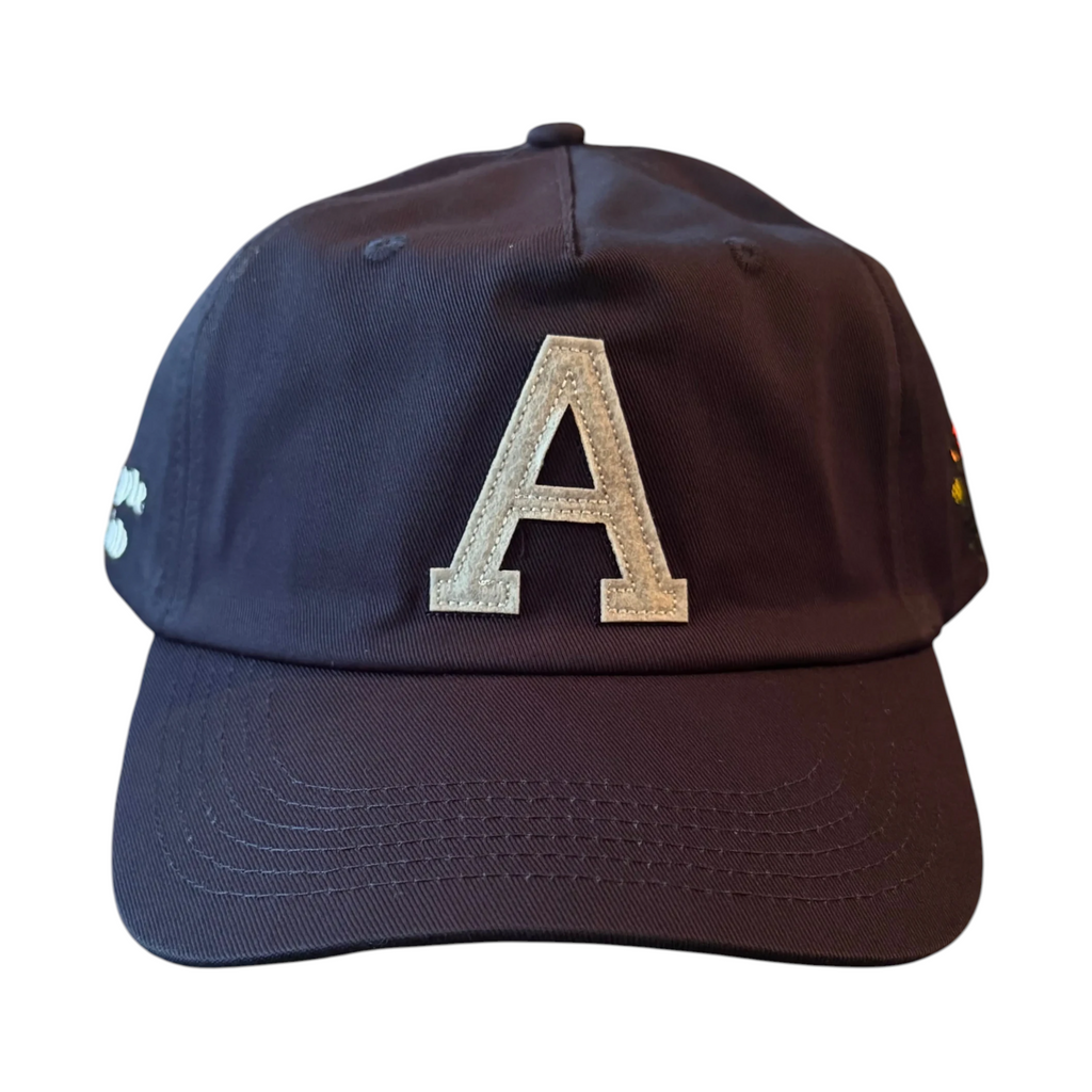 AMPLE navy blue cotton twill baseball cap featuring a white embroidered A patch and side logo detailing.