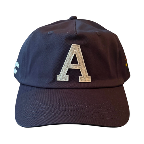 AMPLE navy blue cotton twill baseball cap featuring a white embroidered A patch and side logo detailing.